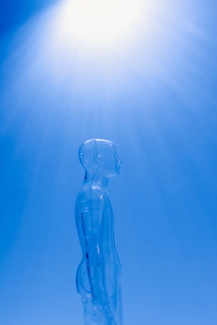 Services-03 A transparent human figure under a bright blue light creating a futuristic ambiance.