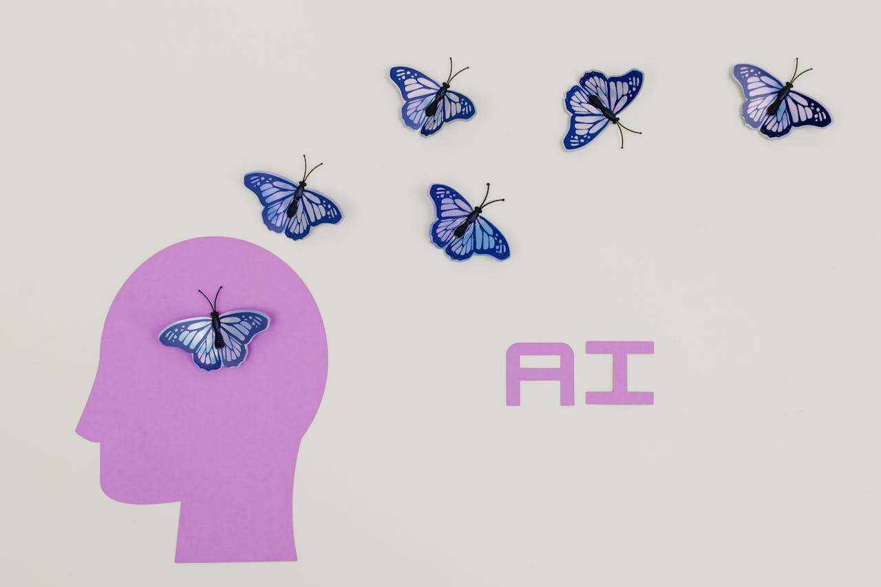 digital Surreal AI conceptual art featuring butterflies and a human head silhouette in a minimalistic style.
