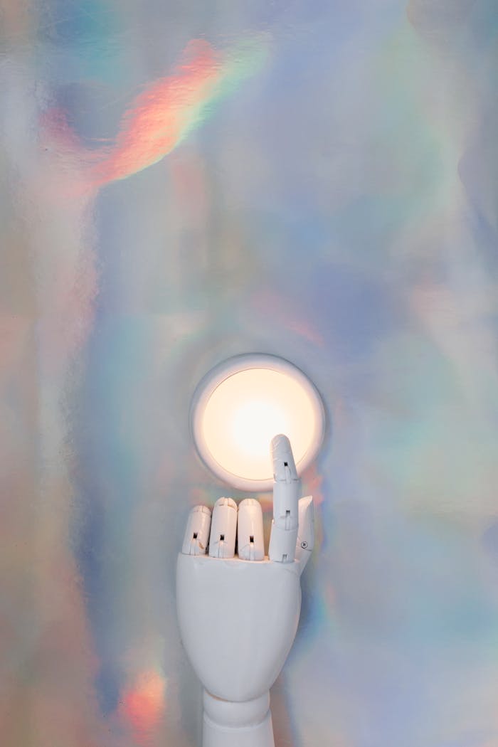 why-choose-us A robotic hand reaching towards a glowing circle on a pastel abstract background, hinting at advanced technology.